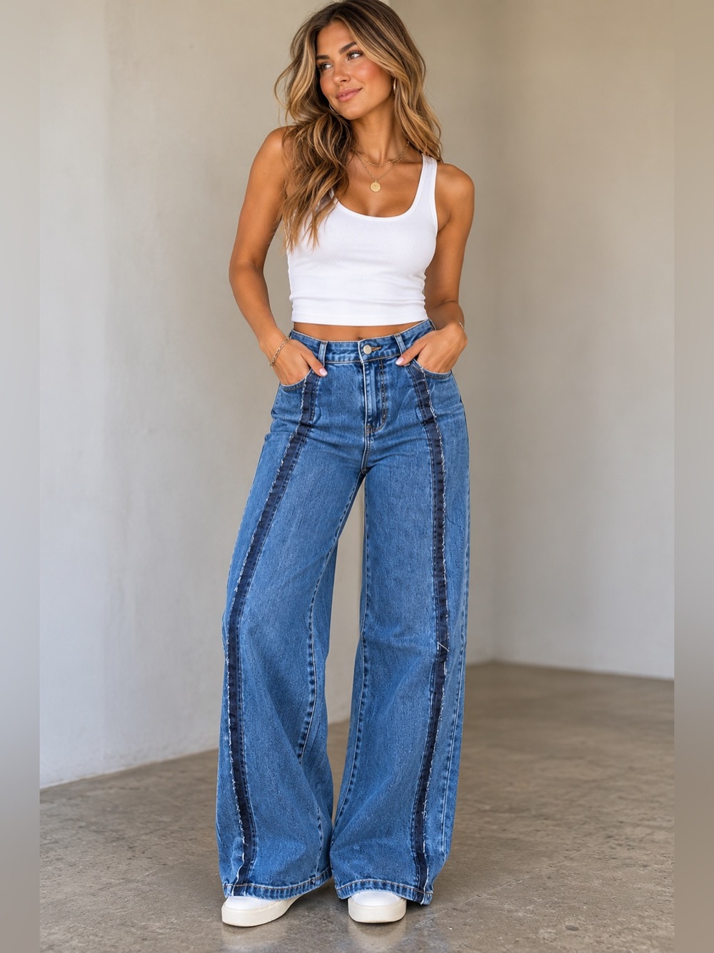 O'2nd Two-Tone Blue Wide-Leg Jeans with Side Stripe (125)